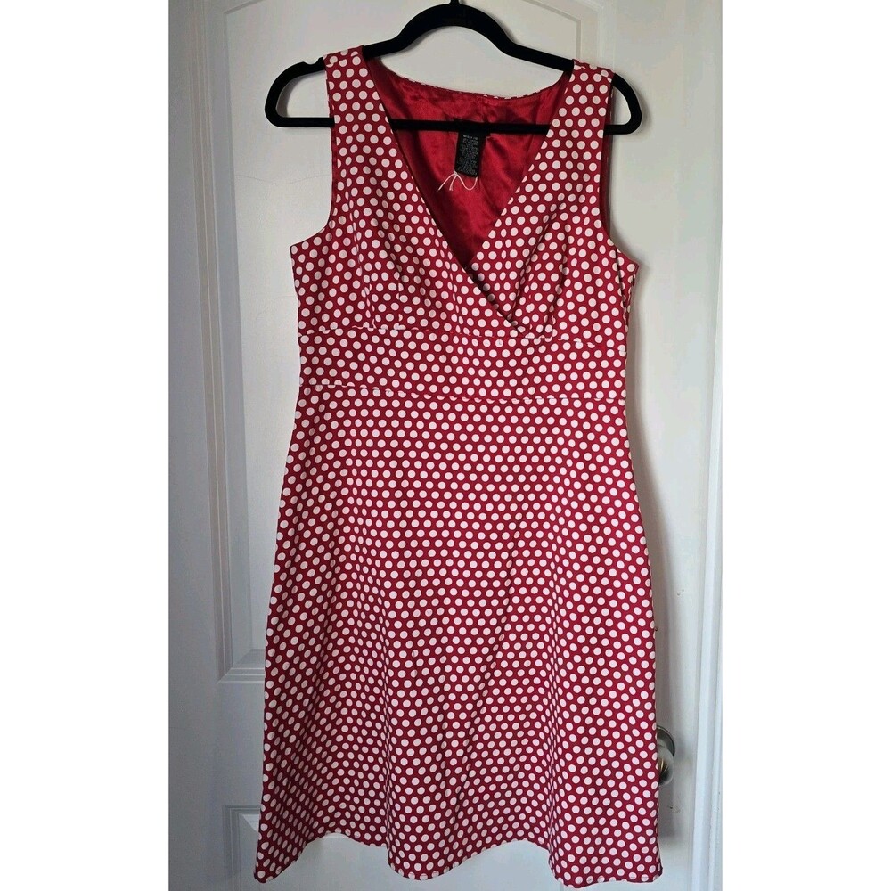 Spense Red White Polka Dot Fit Flare Dress Women Sz 12 V Neck Pin Up Retro